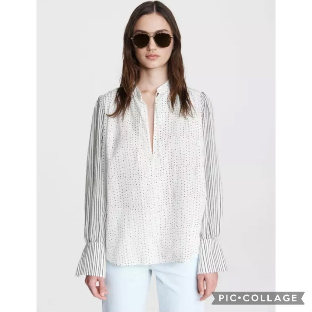 Rag & Bone Carly Cotton Blend Tie Blouse Women's L Black White Polka Dot Classic